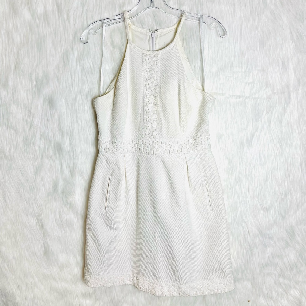 Michael Kors White Sleeveless Eyelet Lace High Neck Fit and Flare Dress Pockets